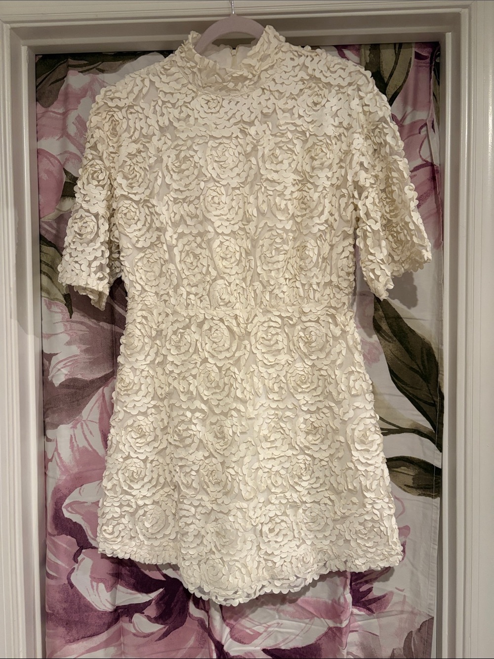 Ivory Floral Appliqué Mini Dress with High Neck